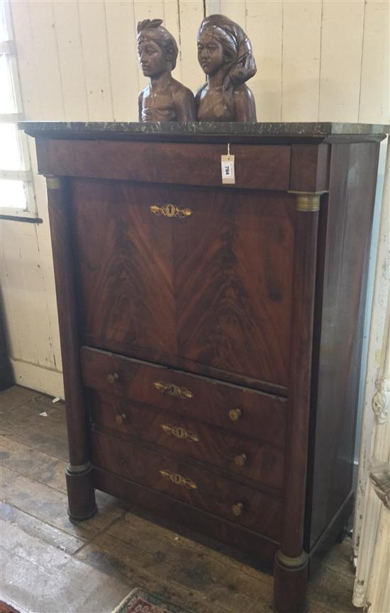 19C Continental mahogany escritoire, ormolu-mounted with marble top(-)